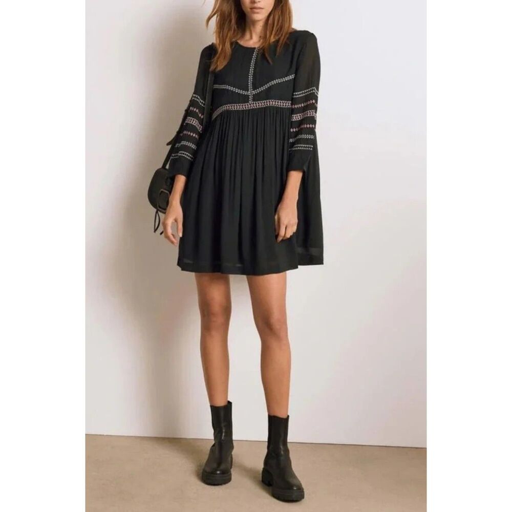 BA&SH Colombe Dress Boho Embroidered Long Sleeve Mini Dress Black Size 3 US L 8